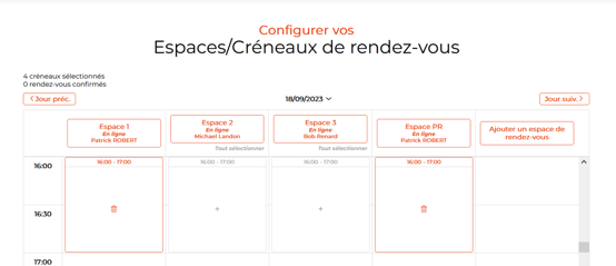 Configuration d'espaces et de créneaux horaires de rendez-vous sur l'interface partenaire